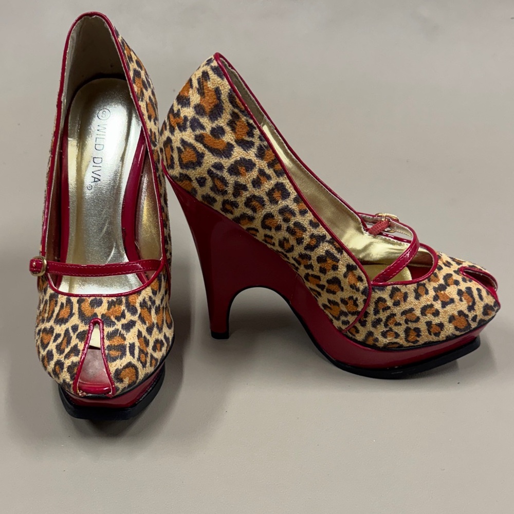 Wild Diva Leopard and Red Platform Wedge Heels